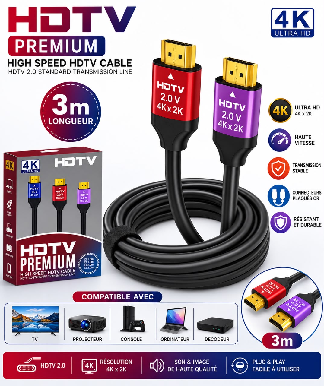 Câble HDTV Premium 2.0 – 3 mètres (4K Ultra HD)