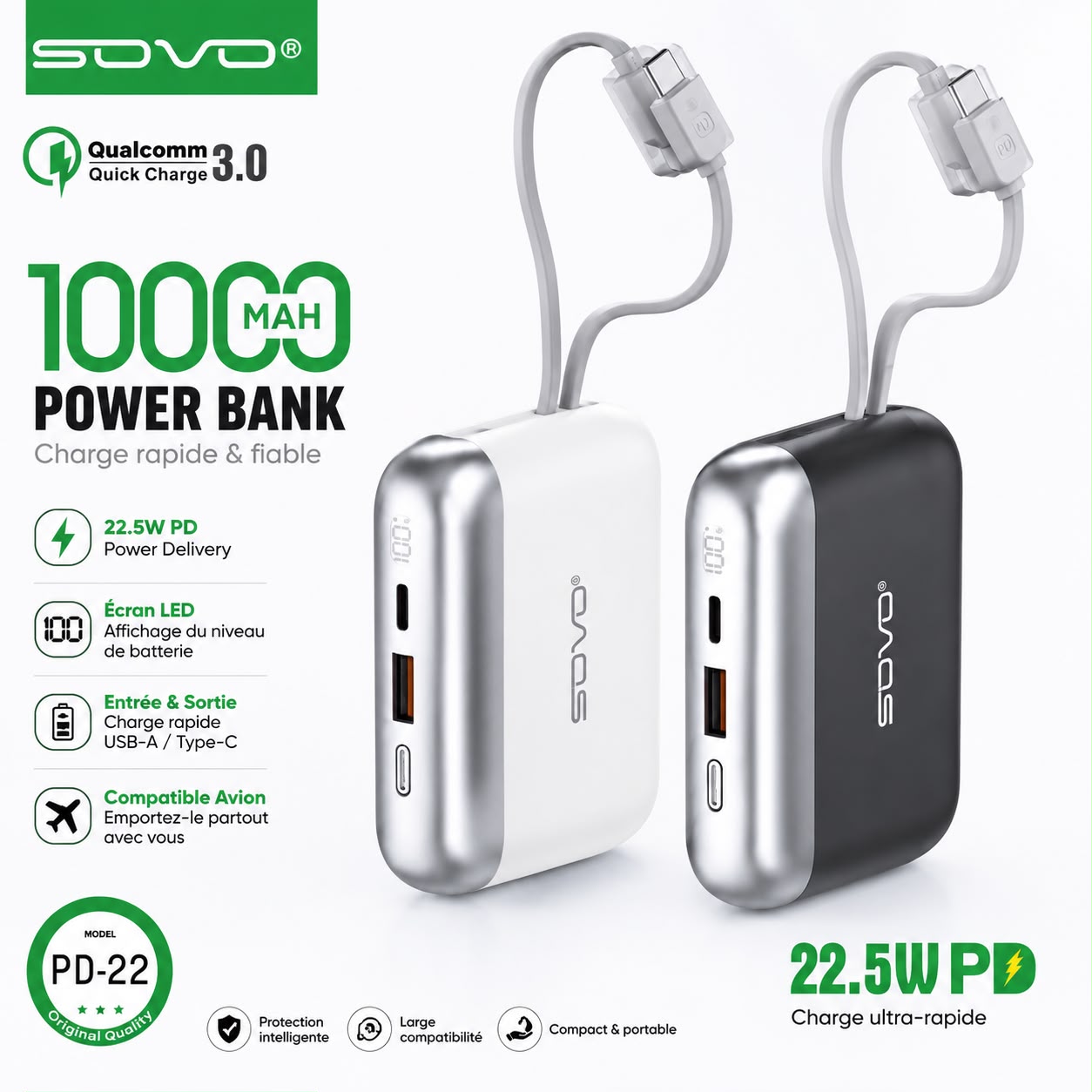 Power Bank SOVO PD-22 – 10 000 mAh | Charge Rapide 22,5 W