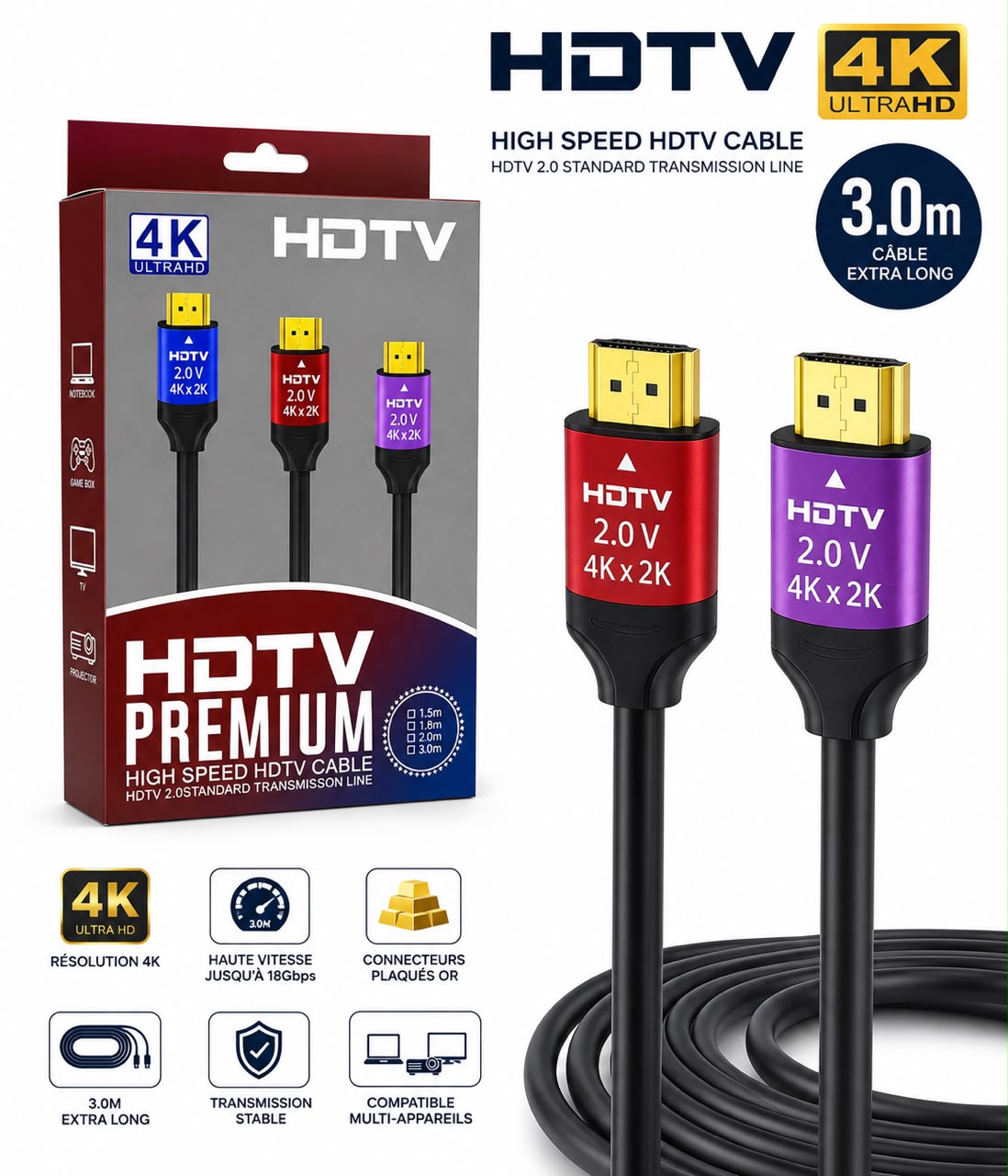 Câble HDTV Premium 2.0 – 3 mètres (4K Ultra HD)